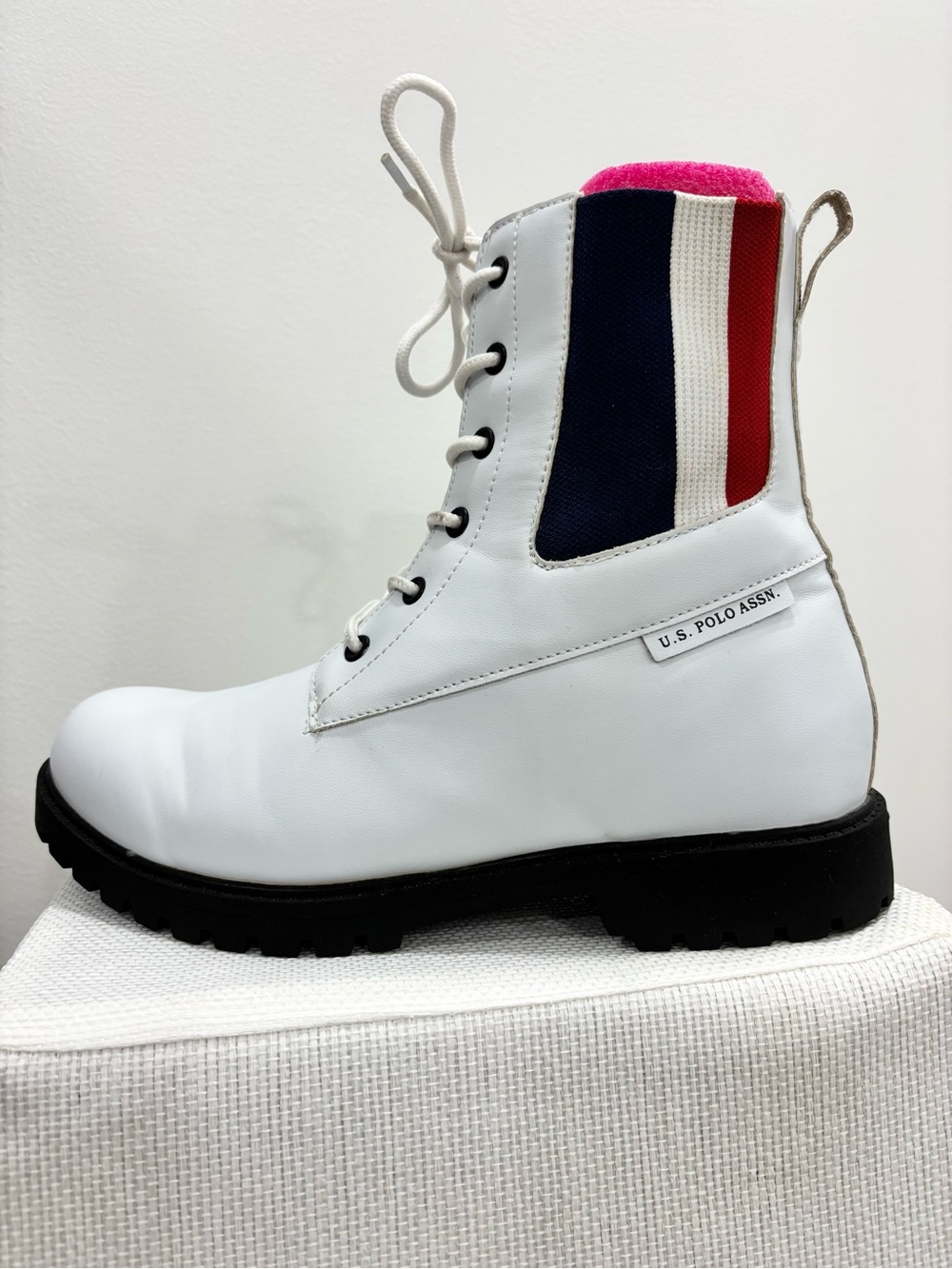 U.S. Polo Assn. White Lace Up Combat Boots Red Blue Striped Panel Sz 11